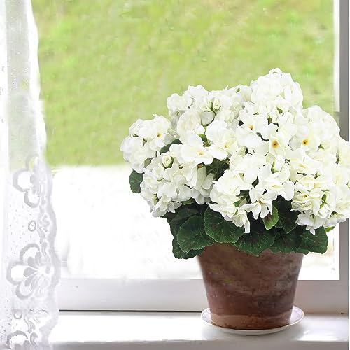 CISDUEO 4 Pcs Artificial Geraniums Silk Flowers Outdoor Artificial Geranium Bush White Faux Flowers Geraniums for Floral Home Decor Outdoor Indoor Garden Patio Grave Cemetary Vase Table Centerpiece - color: White