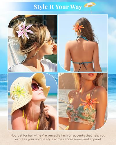Mesovor 3 Pack Hawaiian Flower Hair Clips, Artificial Tropical Flower Orchid Hair Pin | Rhinestone Hairpins Hair Accessories for Wedding Bridal Beach Party (Hawaiian) - color: Hawaiian