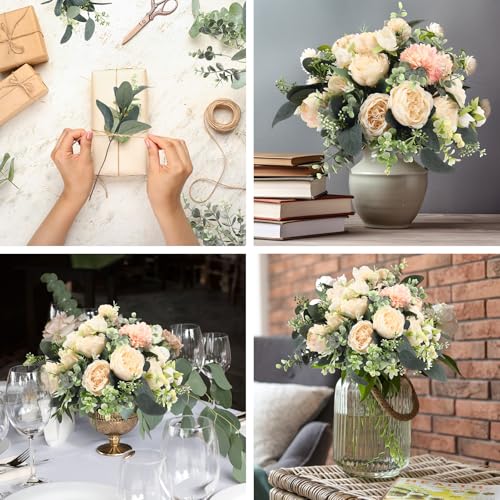 Janinka Mixed Eucalyptus Leaves Stems Bulk with White Seeds Artificial Silver Dollar Leaves Sprays Faux Oval for Wreath Garland Floral Bouquets Arrangement Wedding Greenery Decoration (20 Pcs)