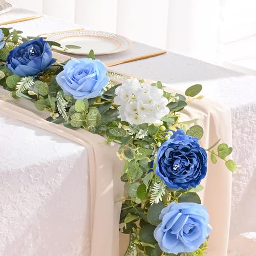Livole 6 FT Artificial Flower Garland Real Touch Fake Blue Floral Rose Peony Garland with Eucalyptus Flower Hanging Vine for Wedding Table Centerpieces Backdrop Party Arch Home Decorations - color: Blue, size: 1 Pc
