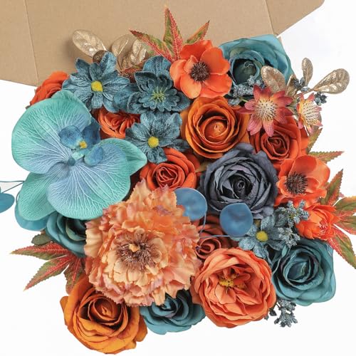 Fall Orange Artificial Flowers Roses Fake Flowers with Stems Blue Orange Artificial Flowers for DIY Bridal Bouquets Faux Flowers Centerpieces for Table Home Decor - color: Fall Orange
