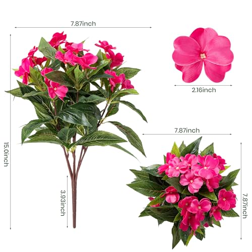 Nigirior Artificial Fake Flowers for Outdoor Décor 6 Bundles UV Resistant Fake Plants for Planter Faux Impatiens for Home Porch/Garden Stunning（Rose Red） - color: Rose Red