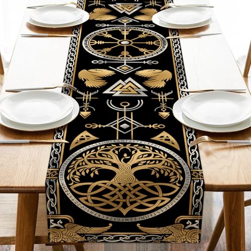 Viking Tree of Life Pagan Dining Table Runner, Vintage Black Gold Raven Birds Celtic Style Nordic Medieval Burlap Kitchen Decoration, Retro Indoor Outdoor Home Decor Party Supply 13 x 36 Inches - color: Viking Tree, size: Table Runner 13''X36''