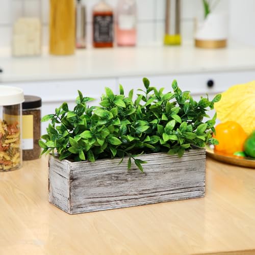 Lyrow 2 Pack 11.4 '' Artificial Eucalyptus Plants in Rectangular Rustic Wooden Planter Box Faux Potted Herb Plant Greenery Centerpiece for Cabinet Windowsill Table Shelf Wedding Decor (Whitewashed) - color: White, size: 11.4 ''