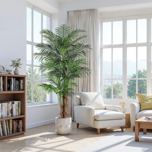 Tall Triple Golden Cane Palm Artificial Tree 7ft, Large Topical Fake Tree with 24 Realistic Leaves Artificial Plants in Pot for Indoor Outdoor Home Office Living Room - style: 7 ft