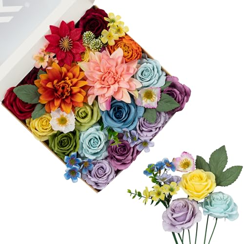 FANKO Artificial Flowers for DIY, Rainbow Multicolor Faux Flowers Bouquet, Colorful Fake Rose Daisy Lily Silk Flowers for Vase, Home Decor, Garland, Wedding, Birthday, Party, Romantic Celebration - color: Multicolor-3