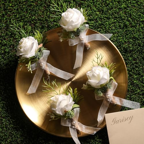 Garisey 4pcs White Rose Boutonniere for Men Artificial Rose Flower for Wedding Flowers Ceremony Prom Flower (4 Boutonniere) - color: 4 Boutonniere