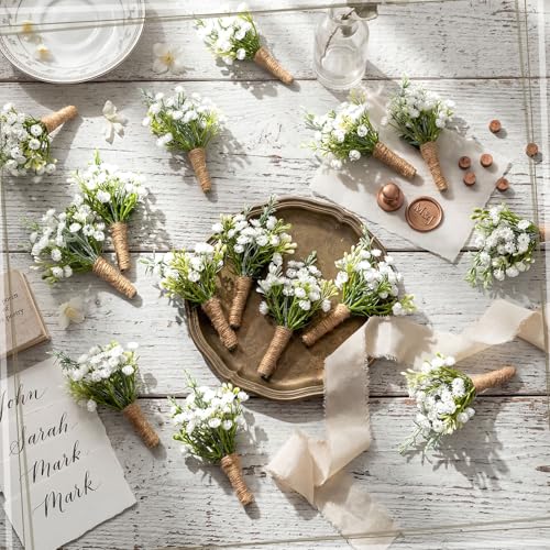 MTLEE 15 Pcs Burgundy Boutonniere for Men Rose Wedding Boutonniere with Pin Groom Groomsmen Buttonholes Man Suit Corsage for Vintage Wedding Ceremony Anniversary Dinner - color: White, style: Babysbreath