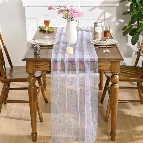Artoid Mode Colorful Gold Gauze Table Runner 120 Inch 10FT, Glitter Metallic Foil Sheer Dining Wedding Anniversary Holiday Birthday Table Decor for Home Party - color: Multi Color, size: 28" x 120"