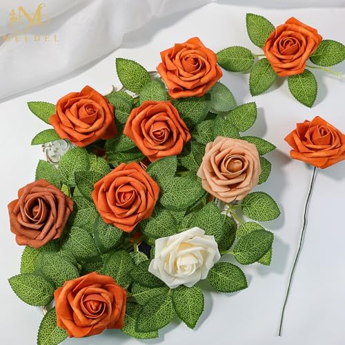Artificial Flowers 50 Pack Orange Faux Foam Roses with Stems, Real Looking Fake Rose for DIY Wedding Bouquets, Bridal Shower Centerpieces, Party Table Decorations, Home Decor - color: Orange, size: 50Pcs