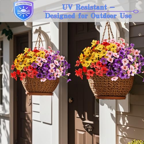 Geegoods Artificial Mums Flowers for Outdoors, 32 Bundles UV Resistant Fake Plastic Colorful Mix Flowers for Patio Porch Spring Summer Decor - color: Mix 4 Colors, size: 32PCS