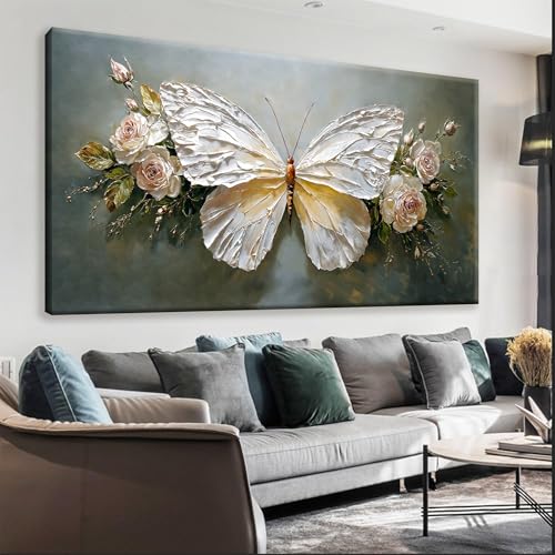 Modern Abstract Wall Art White Simple Butterfly And Rose Wall Art Decor Canvas Art Wall Decor For Bedroom Living Room Kitchen Bathroom Office 24x48 Inch Home Wall Decor - color: White, size: 48"L x 24"W