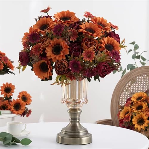 3 Bunches Sunflowers Fake Flowers, Fall Silk Artificial Sunflowers Decorations for Home Office, Wedding, Autumn Floral Arrangements, Halloween, Thanksgiving, Harvest Festival Decoration - color: Deep Yellow