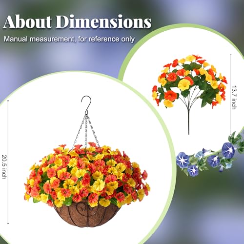 Ammyoo Artificial Hanging Flowers with Basket, Faux Silk Petunias Flower Arrangement, Coconut Lining with Morning Glories Fake Plants Patio Garden Porch Deck Fall Decor(Orange Yellow) - color: Orange and Yellow