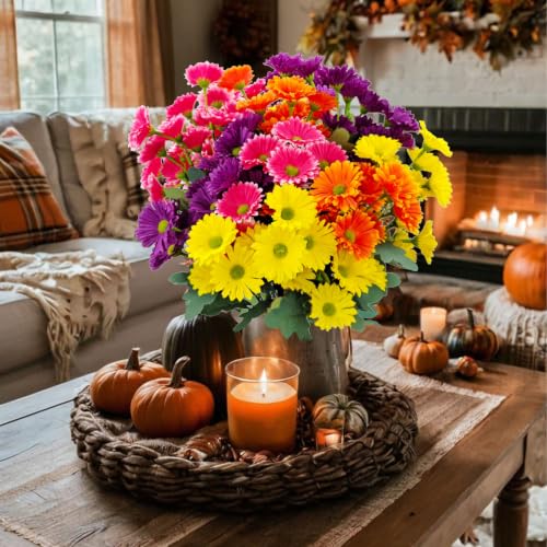 8 Bundles Artificial Silk Daisy Flower Fake Outdoor Bouquet Artificial Bulk Bouquet UV Protection for Garden Front Porch Planter Home Indoor Table Top Vase Decoration (Multi-Color) - color: Mix Color