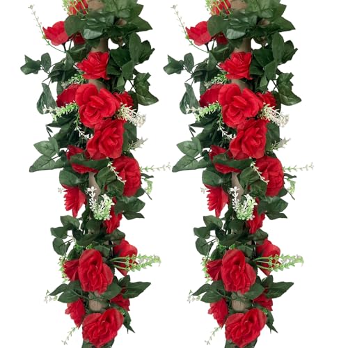 4Pcs 28Ft Red Rose Garland, Fake Flower Vines, Artificial Vine Flowers, Rose Hanging Garland for Party Wedding, Garden, Room Table, Christmas, Backdrop Wall Arch Decor - color: Red, size: 4Pcs 28Ft