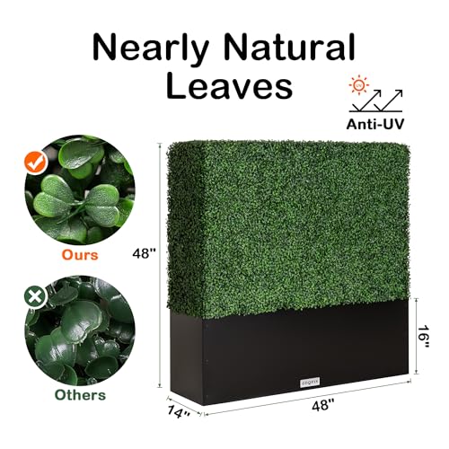 Artificial Boxwood Hedge Wall,Greenery Fake Faux Grass Backdrop Divider with Black Steel Planter Box,Outdoor Privacy Panels for Patio,Balcony,Restaurant,Garden,Party Décor 48" WX48 HX14 D - size: 48"WX48"HX14"D