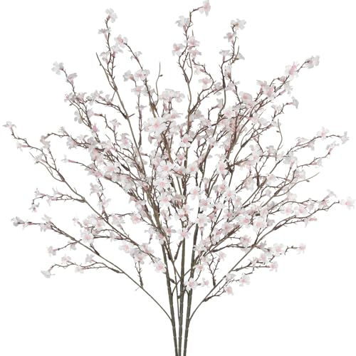 3 Pcs Cherry Blossom Branches Artificial Flowers for Spring Summer Indoor Decoration Faux Cherry Blossom Long Stems White Silk Fake Flowers for Tall Vase Arrangements Home Wedding Table - color: White