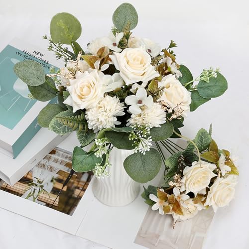 Artificial Peonies Flowers 12 Bundles Silk Chrysanthemum Flowers Fake Roses with Eucalyptus, Realistic Faux Mums for Vase Arrangement, Home Decor, Wedding Table Centerpiece - White - color: White