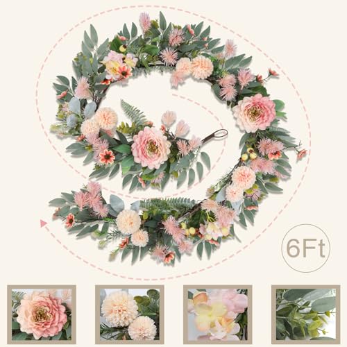 Spring Garland 6FT Hydrangea Flower Garland Faux Greenery Leaf Vine Garlands for Decoration for Spring Indoor Outdoor Garden Farmhouse Porch Wall Wedding Room Home Decor (Pink) - color: Pink