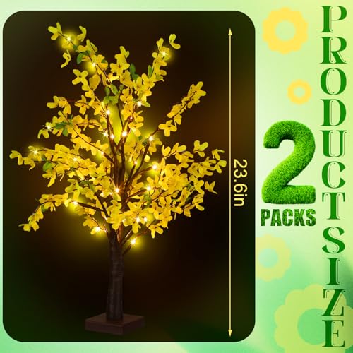 Baquler 2 Pcs Fake Forsythia Tree Lamp Artificial Yellow Flowers Tree Lamp Forsythia Stems Birch Tree with LED Lights Spring Artificial Stem Flowers for Easter Home Party Wedding Holiday Spring Decor