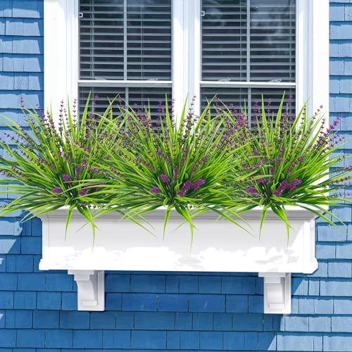 10 Pcs Artificial Plants Outdoor, UV Resistant Fake Outdoor Flowers Plants Faux Plastic Monkey Grass for Outside Front Porch Garden Window Box Home Office Planters Desk Decor (Rose Red) - color: Rose Red, size: 10pcs