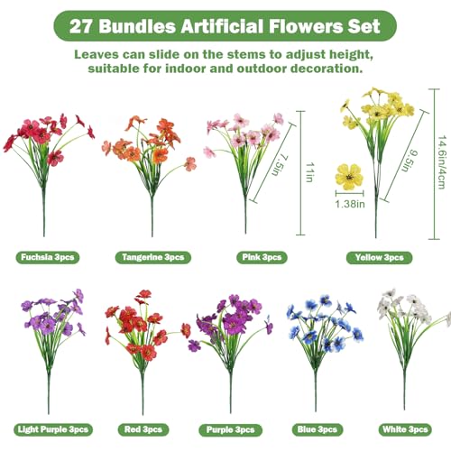 Nepfaivy Artificial Flowers for Outdoors Realistic - 27 Bundles Uv-Resistant Fake Flowers for Outdoor Planters, Fade-Proof Silk Faux Flowers Plants for Outside Garden Porch Window Box Decoration - color: Multi 9 Colors 27pcs