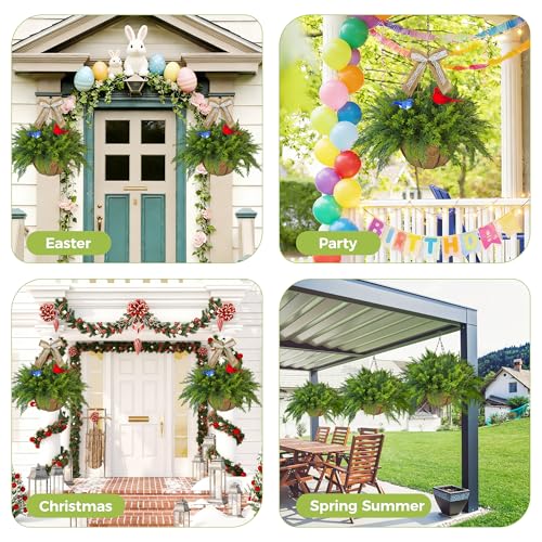 Artificial Hanging Plant Flower Baskets Set of 2, Faux Ferns with Birds and Linen Bows, Fake Planters Hanging with 24 Pcs Cypress Leaves, UV Resistant for Spring Summer Outdoor Porch Garden - color: Green