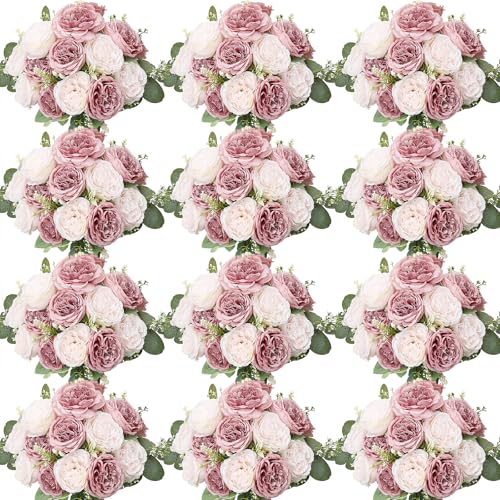 Peonies Artificial Flowers Bulk, 12 Bundles Fake Silk Peonies Faux Eucalyptus Bouquet Realistic Peony Floral Arrangement for Wedding Table Centerpiece Vase Decor (Dusty Pink & Light Pink) - color: Dusty Pink & Light Pink
