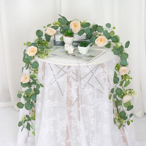 TOCHGREEN 2 Pack 12Ft Artificial Eucalyptus Flower Garland with Champagne Roses, Fake Rose Flower Greenery Garland Floral Vines for Wedding Home Party Table Runner Decor (2PCS, Champagne) - color: Champagne, size: 2PCS