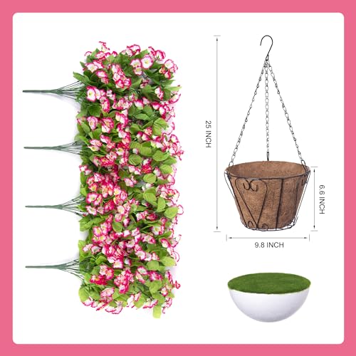 Ammyoo Artificial Faux Hanging Flowers Basket for Spring Summer Outdoor Porch Decor, Fake Silk Colorful Morning Glory Eucalyptus in Planter UV Resistant Look Real for Home Patio Balcony Yard(Pink) - color: Pink