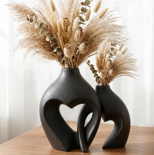 Black Ceramic Flower Vases Home Decor Heart Shaped Vase Set of 2 | Nordic Heart Shaped Vases Minimalist Decorative Vase for Table Centerpiece Wedding Dining Living Room Office House Decoration - color: Black