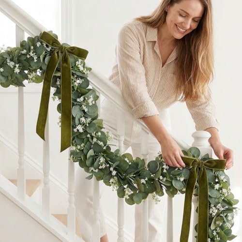 Thiccywoov 2 Pack Artificial Eucalyptus Garland 6.5 ft Each Faux Silver Dollar Leaves Greenery Artificial Vines with White Accents for Wedding Table Runner Home Mantle Outdoor Decor (Green White) - color: Green White