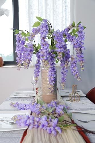 IPOPU 3.9FT Wisteria Artificial Flowers, 4PCS Purple Hanging Flowers, Silk Wisteria Flower with Long Stem for Tall Vase Filling Wedding Wall Backdrop Centerpieces Home Decoration (Purple) - color: Purple