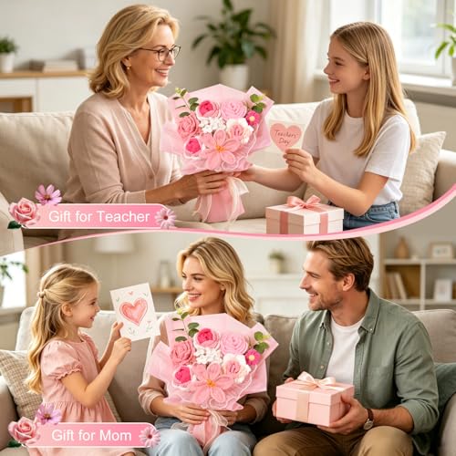 Crochet Flowers Bouquet, Crochet Rose Tulip Knitted Flower for Mother's Day, Valentine's Day, Anniversary, Wedding, Birthday, Home Décor, Gifts for Mom, Lovers, Friends, Pink - color: Pink