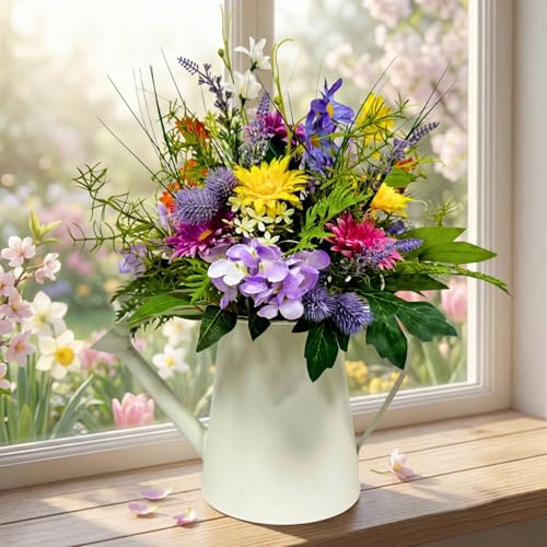14 Inch Lighted Farmhouse Watering Can Centerpiece with Timer | Spring Summer Floral Arrangement with Daisies, Lavender, Orchids and 10 Warm LED Lights for Table Kitchen Decor