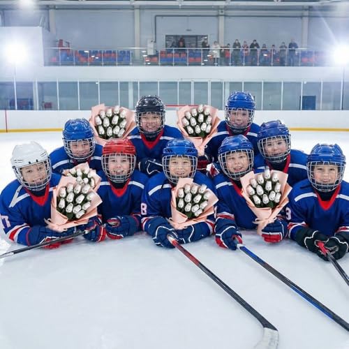 Suhine 12 Pcs Artificial Lacrosse Rose Flowers Sports Party Favors Bulk for Birthday Graduation Wedding Party Decorations Table Centerpieces Game Prizes Senior Night Team Gifts(Lacrosse Color, Normal) - color: Hockey Color, size: Normal