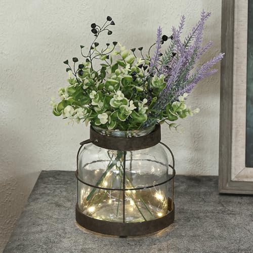 Vintage Glass Farmhouse Vase, Rustic Lantern Decor with Plants Lavenders Lights Vintage Style Vase for Home Decor Floral Arrangement Housewarming Hostess Gift - color: Vase+greenery+light+lavender