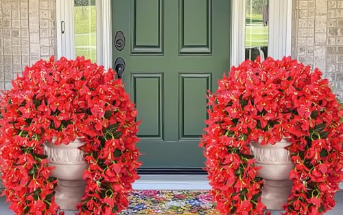2Pcs Artificial Flowers for Outdoors - Red Realistic Faux Silk Bougainvillea Flowers, Fake Hanging Plants for Porch Patio Balcony Decoration - color: Red, size: 2 Pcs