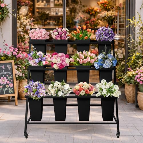 PROLEE Flower Display Stand with 12 Buckets, Flower Cart 3 Layers, Flower Stand Metal with Wheels, Moving Florist Bouquet Shelf, Triangular Rack Black - color: Black