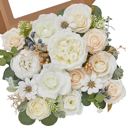 Serwalin Artificial White Flowers for Wedding, Silk Flowers Cake Decoration, Fake Flowers for Centerpieces Bouquets White Roses Peonies, Bridal Shower DIY Christmas - color: Champagne White, size: Square