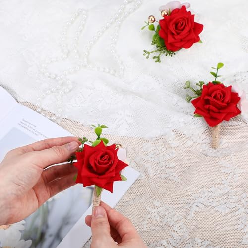 Sherr 20 Pcs Red Rose Wrist Corsage and Boutonnier Set Wedding Flower Corsage Wristlet Band Bracelet Bridegroom Men's Boutonniere Wristlet Hand Flower for Wedding Bouquets Supplies - color: Bright Red