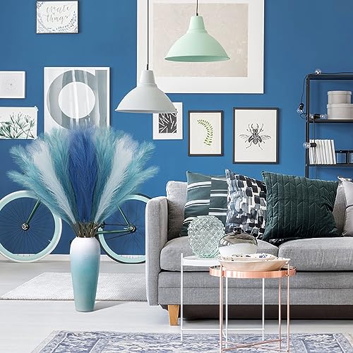 9Pcs 3FT Colorful Faux Pampas Grass for Boho Decor, KALYLOC Non-Shedding Fluffy Artificial Bulrush, Tall Reed Fluffy Stems Vase Filler Living Room Wedding Decoration (Light Blue)… - color: Light Blue