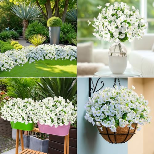 Ouddy Decor 24 Bundles Artificial Flowers for Outdoors Decoration Fake Silk Morning Glory Flowers Faux Eucalyptus Plants UV Resistant for Porch Patio Garden Spring Summer Home Decor, White - color: White