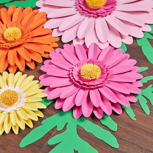 PAPER JAZZ Paper Flower Wall Decor, Handmade 3D Daisy Party Decoration Large Paper Flower in Pink, Orange, Yellow with Green Leaves, Modern Home Wall Art for Bulletin Board,Easter - color: Rose Red