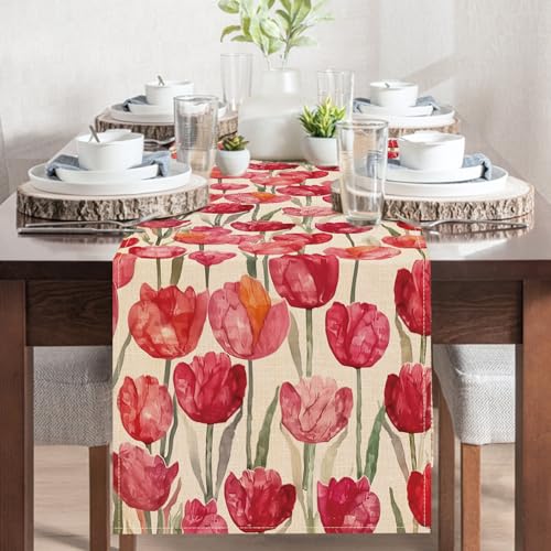 Watercolor Tulip Flower Dining Table Runner, Spring Summer Red Pink Floral Burlap Kitchen Decoration, Seasonal Indoor Outdoor Home Decor Party Supply 13 x 72 Inches - color: Tulip, size: Table Runner 13''X72''