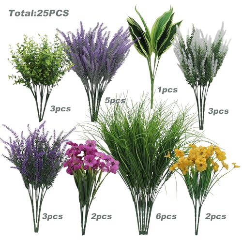 Green Moon 25PCS Artificial Plants Outdoor, Faux Lavender & Greenery Stems | UV Resistant Fake Plants, Artificial Flowers for Outdoors Planters, Garden Patio Porch, Window Box, Spring Summer Home Decor - color: Lavender Flower