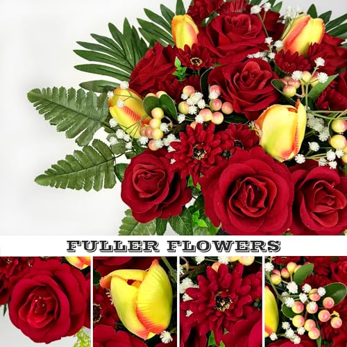 Artificial Cemetery Flowers for Grave,Memorial Flowers Bouquet with Vase for Headstones Decoration Red Rose Daisies Berry Tulips - color: Red