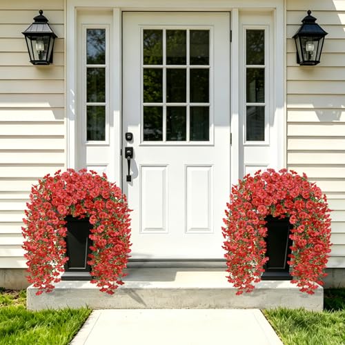 Artificial Flowers for Outdoors, 6-Pack 420 Blooms UV Resistant Hanging Morning Glory Silk Flowers Vines, Realistic Fake Plants Outside Decroation for Porch Patio Balcony Yard Garden (Red) - color: Red