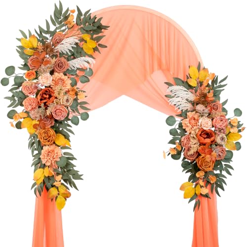 Lisuun Artificial Wedding Arch Flowers with Chiffon Runner, Pack of 3 | Includes 2 Flower Swags, 1 20ft Chiffon Runner and Zip Ties for Wedding Arches, Arbors and Backdrops - color: Autumn Orange